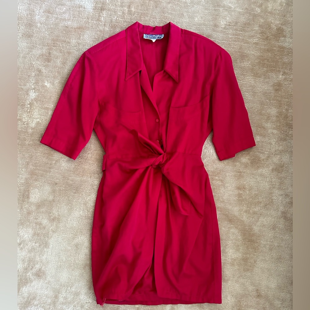 vintage 80s hot pink Thierry Mugler dress tie front shirt dress - size 38